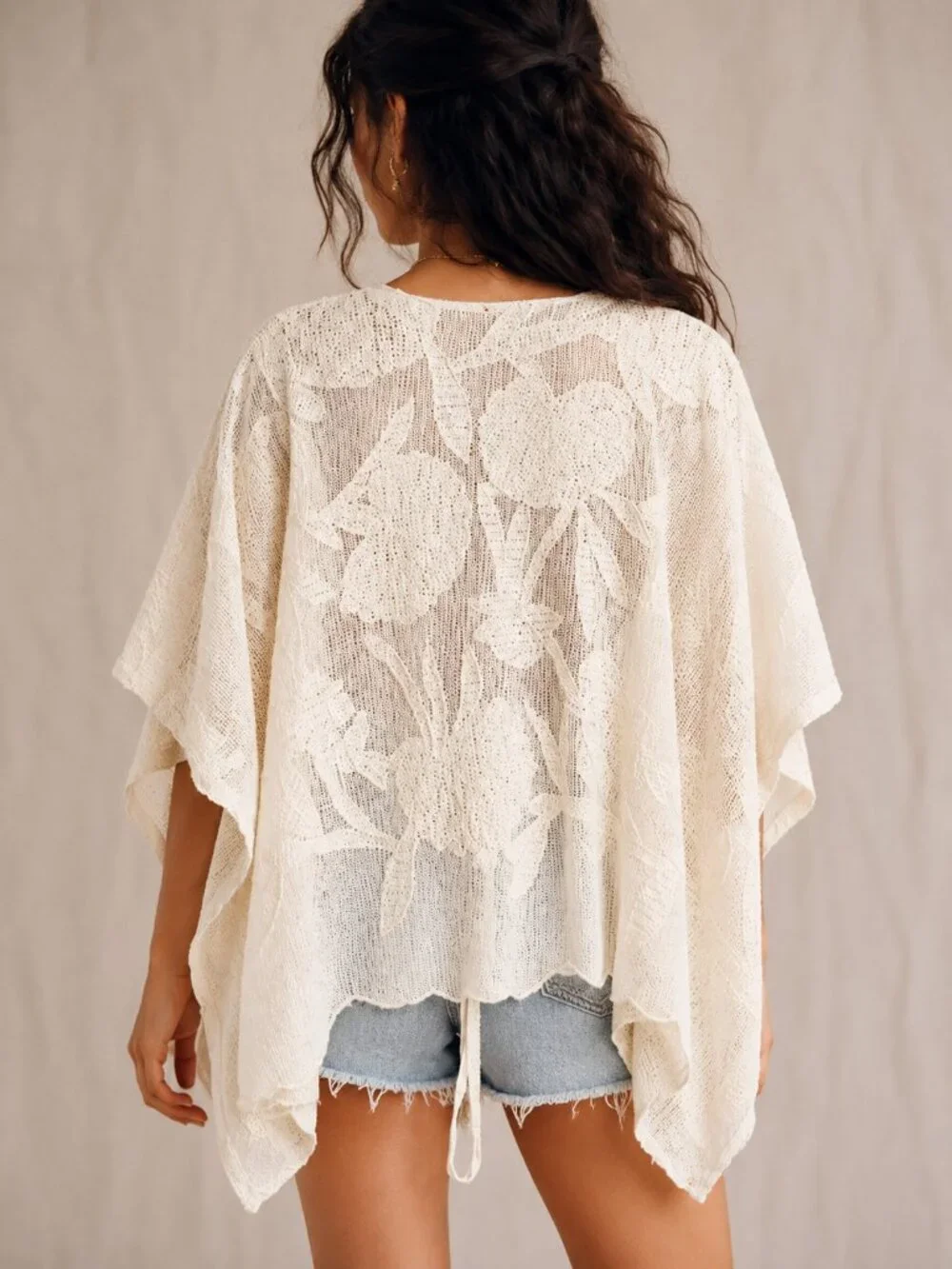 Free People NEW Willow Ivory Off White Lace Tie Front Cape Kimono One Size Boho